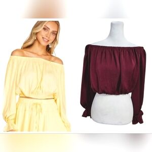 SHE+SKY Satin Off The Shoulder Elastic With Peasant Sleeves. Burgundy.Size M NWT
